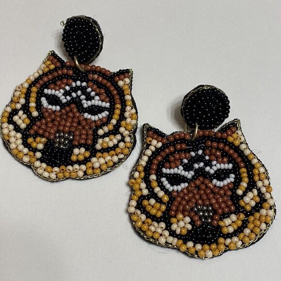 Designer Jewelry - Bengal Tiger Cat Seed Bead Earrings Post Dangle Statement Designer 2”